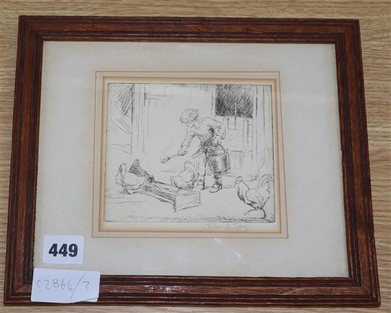 Eileen Soper (1905-1990), etching, Girl feeding chickens, signed in pencil, 12 x 14cm